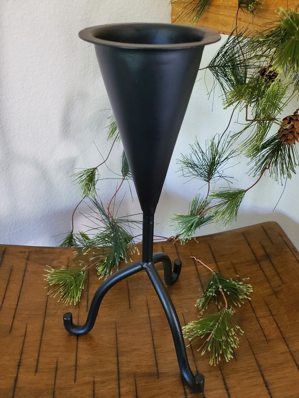 Vintage MCM Brutalist Iron Cone Tripod Candle Holder Vase Primitive